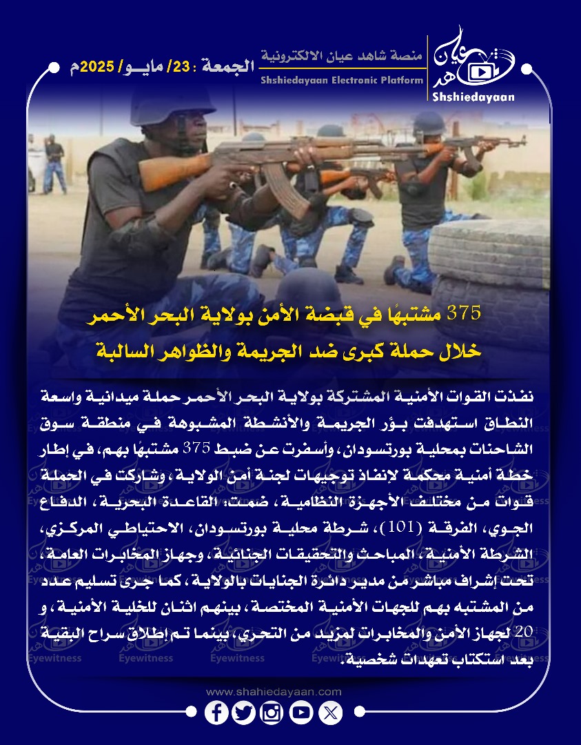 375 مشتبها في قبضة الأمن بولاية البحر الأحمر خلال حملة كبرى ضد الجريمة والظواهر السالبة 3 WhatsApp Image 2025 05 23 at 11.55.44 AM